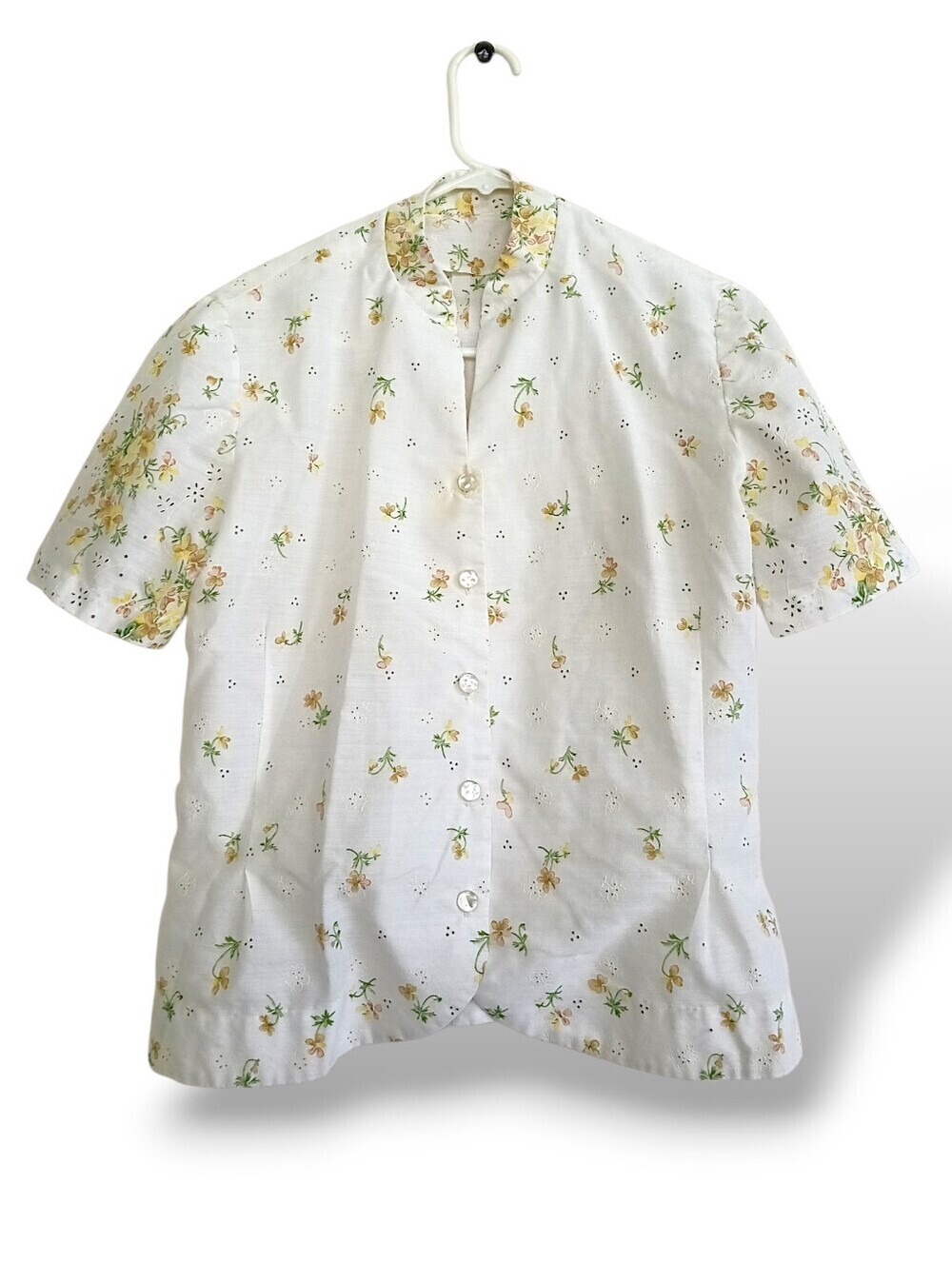 Vintage Ditsy Floral Eyelet Blouse Retro Button Top Mandarin Collar 70s 80s XL
